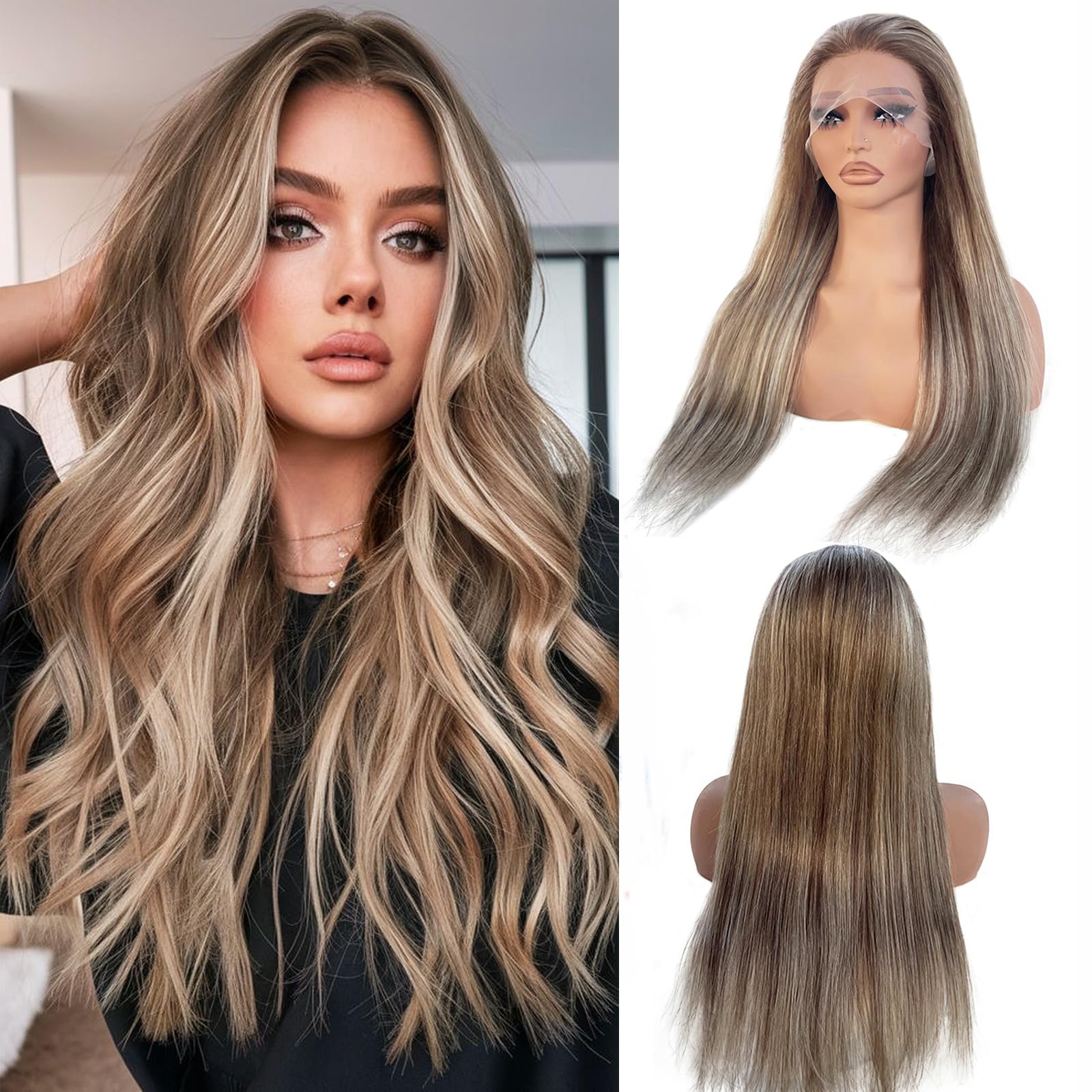 Photo 1 of Munx 180% Density Human Hair Lace Front Wig, Brown Roots Chestnut Brown Highlight Blonde 13x4 Full Lace Front Wigs Pre Plucked with Baby Hair Balayage Straight HD Transparent Lace Front Wig 20 Inch