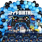 Video Game Birthday Party Decorations Set Gaming Happy Birthday Supplies Includes Video Game Backdrop, Table Covers, Balloons and Foil Gamer Balloons for Party(Blue and Black)