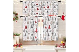 Emvency Christmas Kitchen Curtains Grey and Red Christmas Tree Window Curtains and Valances Set 36 Inch, Winter Short Tier Curtain, Small Kitchen Decor