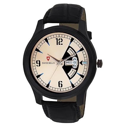 Svviss Bells Original Cream Dial Black Strap Day and Date Chronograph Wrist Watch for Men - TA-1041