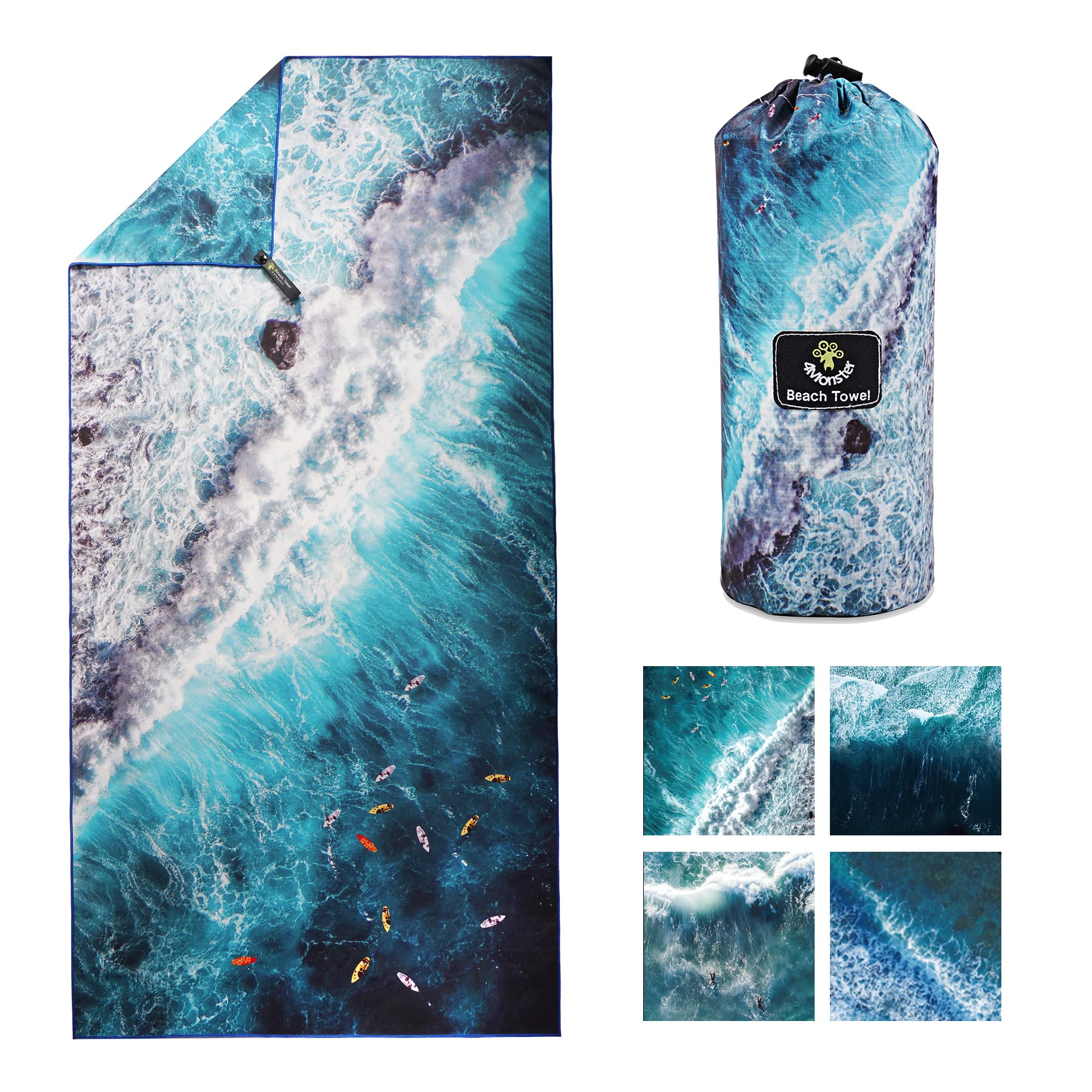 4Monster Microfiber Beach Towel with carry bag Sand Proof Travel Towel Quick Dry Lightweight Towel for Hiking Yoga Gym Sports Swimming Camping Fitness Bath