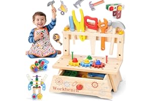 REXBETI Kids Tool Set, Wooden Toddler Tool Set with Apron, Toddler Tool Bench, Educational Montessori Toys for 3 Year Old Boys, Pretend Construction Kits, Birthday Gifts for 3 4 5 Year Old Boy Girl
