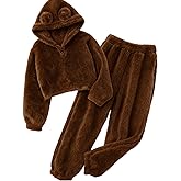 Lifepushes Girls 2 Piece Outfits Fuzzy Long Sleeve Bear Ear Hoodie Sweatshirt and Pants Set Girls Clothing Sets
