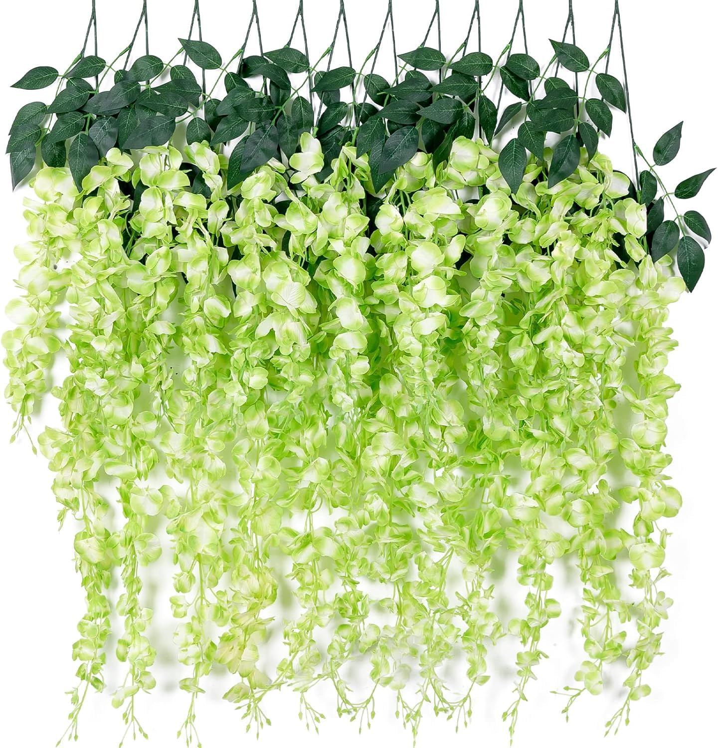 Tifuly 12 Pcs Artificial Wisteria Vines, 3.6 FT Fake Wisterias with 3 Branches, Long Wall Garland Silk Hanging Flower for Home Party Wedding Ceiling Decoration(12Pcs,Green)