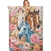 MIEPOS Horse & Floral Throw Blanket – Soft, Cozy, and Lightweight Decor Flannel Blanket Ideal for Couch, Office, and Travel – Fuzzy, Fluffy, Plush Warmth for Women Girls 60×50 Inch