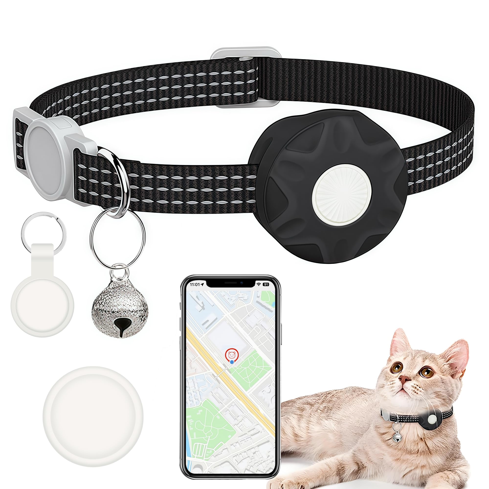 Photo 1 of GRETMIX Cat Tracker Collar, Real-Time Tracking Device for Cats, Long Battery Life, Works with iOS & Android SmartTag App, with Reflective Pattern & Bell, No Monthly Fee, Black