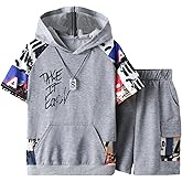 COZYEASE Boys' 2 Piece Outfits Letter Graphic Colorblock Short Sleeve Hooded T Shirt and Shorts Set