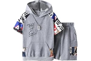 COZYEASE Boys' 2 Piece Outfits Letter Graphic Colorblock Short Sleeve Hooded T Shirt and Shorts Set