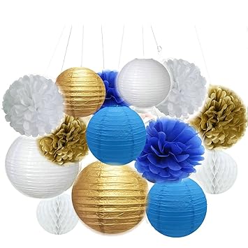 14pcs Mixed Royal Blue Gold White Tissue Paper Pompoms Hanging