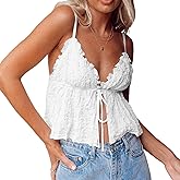 Woman Y2k Solid Self-tie Camisole Spaghetti Strap V Neck Open Front Tops Ruffle Trim Cami Streetwear
