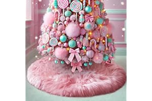 yuboo Pink Christmas Tree Skirt Fur,48 inches Large Fuzzy Fur Candy Tree Skirt Rug Pink Christmas Halloween Decor&Ornaments for 7-7.5Ft Christmas Trees
