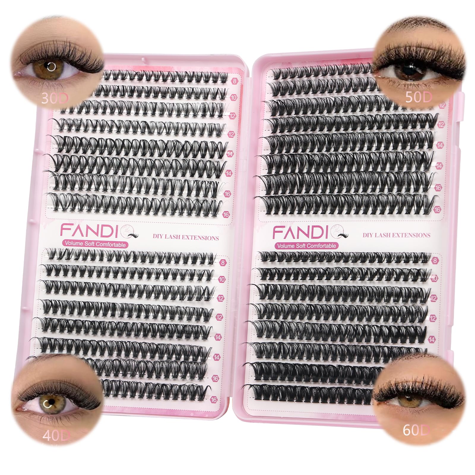 FANDIQ Individual Cluster Eyelash Extensions 640pcs Natural Fluffy Lashes 30D+40D+50D+60D DIY Lash Extensions for Beginners (C01) — image 1