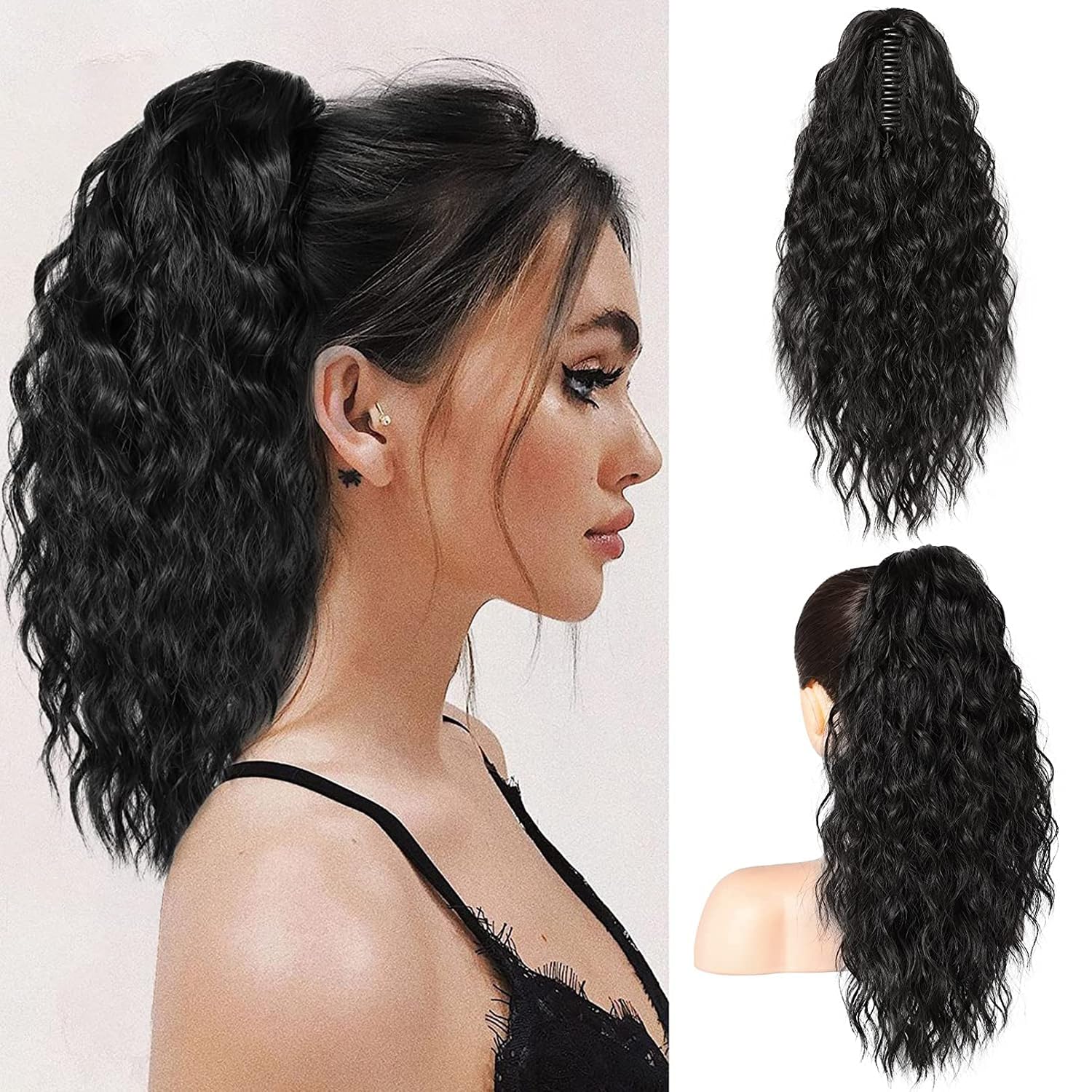 PORSMEER Ponytail Extension,Claw Clip Ponytail Hair Extensions Black Natural Looking Long Curly Wavy Multi Layered Fluffy Synthetic Hairpiece for Women Girls Daily Wear or Party,18inch — image 1