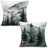 LRyeisahh Vintage Forest Mountain Throw Pillow Covers, Rustic Misty Pine Tree Forest Mountain Landscape Decorative Pillowcases Cushion Cases for Home Living Room Decor, 18x18 Pillow Covers Set of 2