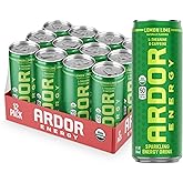 ARDOR ENERGY Natural Sparkling Energy Drink with 100mg Natural Caffeine & 200mg L-Theanine from Organic Green Tea for Smooth Energy & Focus | Healthy Energy Drink | Made with Real Fruit Juice | No Artificial Sweeteners, Just 50 calories, Vegan, Gluten-Free (12 fl oz, pack of 12, Lemon Lime)