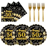 75 PCS 50th Birthday Party Supplies Paper Plates and Napkins,Black and Gold 50th Birthday Plates Napkins Tableware Set for Boys Girls Tableware Set Decorations