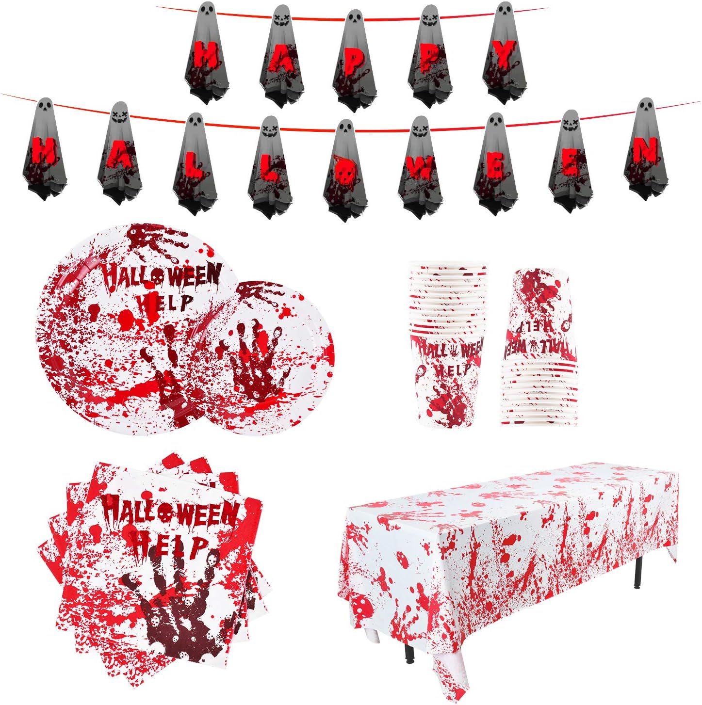 Bloody Handprint Halloween Paper Plates Set Serve 25 Spooky Party Decoration Disposable Plates Napkins Cups Rectangular Tablecloth and Happy Halloween Banner: Health & Personal Care
