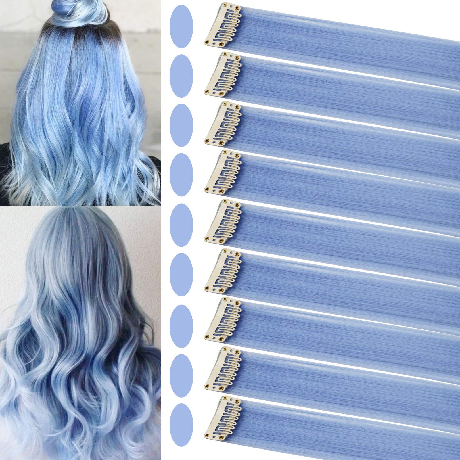 Rhyme 10 PCS Colored Hair Extensions for Girls 21 inch Hairpieces Wig for Women Girls Blue Hair Accessories Party Hightlight Hair (Light blue)