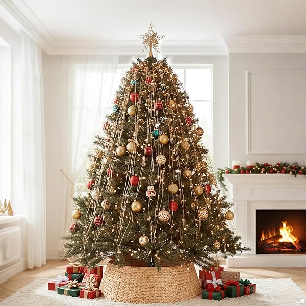 CHRISTMAS TREE COLLAR, EXTRA LARGE ROUND TREE COLLAR HYACINTH HANDWOVEN 42IN, CHRISTMAS TREE RING RATTAN WICKER RUSTIC CORD CUT OUT METAL FRAME DECORATION TO COVER ARTIFICIAL TREE (NATURAL)