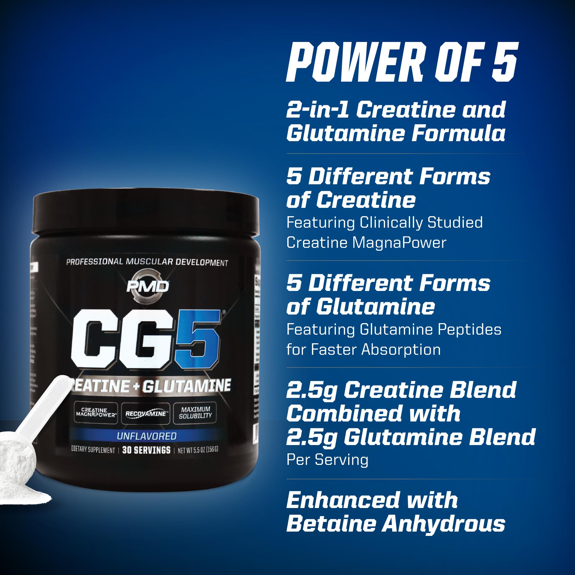 PMD Sports CG5 Premium Creatine & L Glutamine Powder, Power Recovery, Build Lean Muscle, Increase Workout Performance, Maximum Strength Pre Workout & Post Workout, Unflavored, 30 Servings