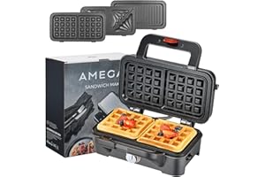 AMEGAT 3 in 1 Sandwich Maker, Waffle Maker with Removables Plates, Panini Press Waffle Iron Set with 5-gear Temperature Control, Non-stick Coating Cool Touch Handle Anti-skid Feet for Breakfast, 1200W