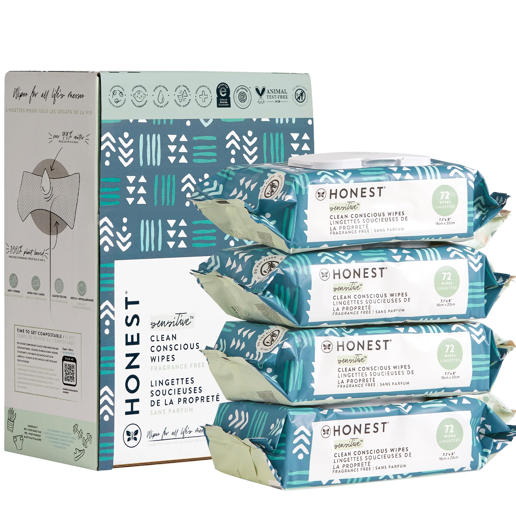Photo 1 of The Honest Company Clean Conscious Multi-Use Wipes | Hypoallergenic + Unscented for Sensitive Skin | Over 99% Water, Compostable, Plant Based, Baby Wipes | Balance Blues, 288 Count