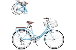 SAHISTCT 24 Inch/26 Inch Foldable Beach Cruiser Bike with Coffee Cup for Women , 7-Speed Women's Bike with Basket, Adult Folding Cruiser Bike, City Commuter Bike,Carbon Steel Frame & Dual V-Type Brakes