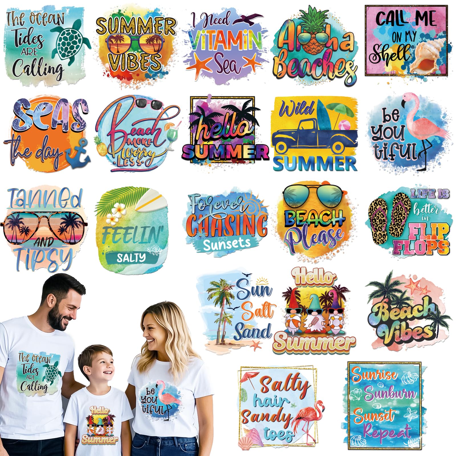 Photo 1 of Dazoratix Summer Iron on Transfers - 20 Sheets Beach Sunset Ready to Press Colorful Funny Heat Transfer Stickers Patches Vinyl Appliques Decals for Clothing Clothes Pillow Hoodie Decorations DIY Craft