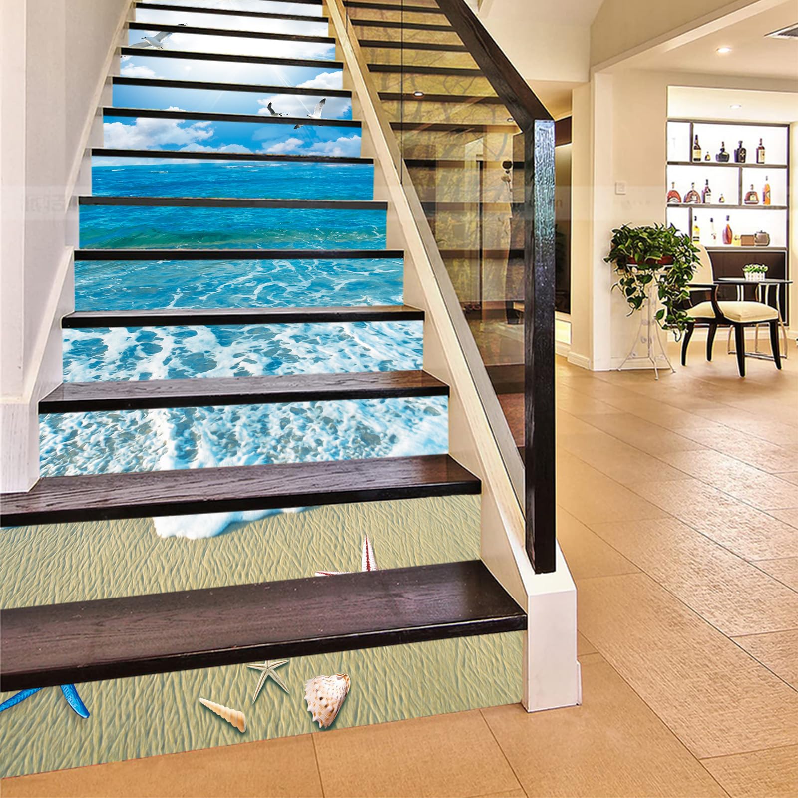 FLFK 13Pcs Stair Risers Stickers Peel and Sick 39.37"x7.08",Self-Adhesive Staircase Stickers Decals, Sunshine Ocean Beach Mural Wallpaper for Stair Steps
