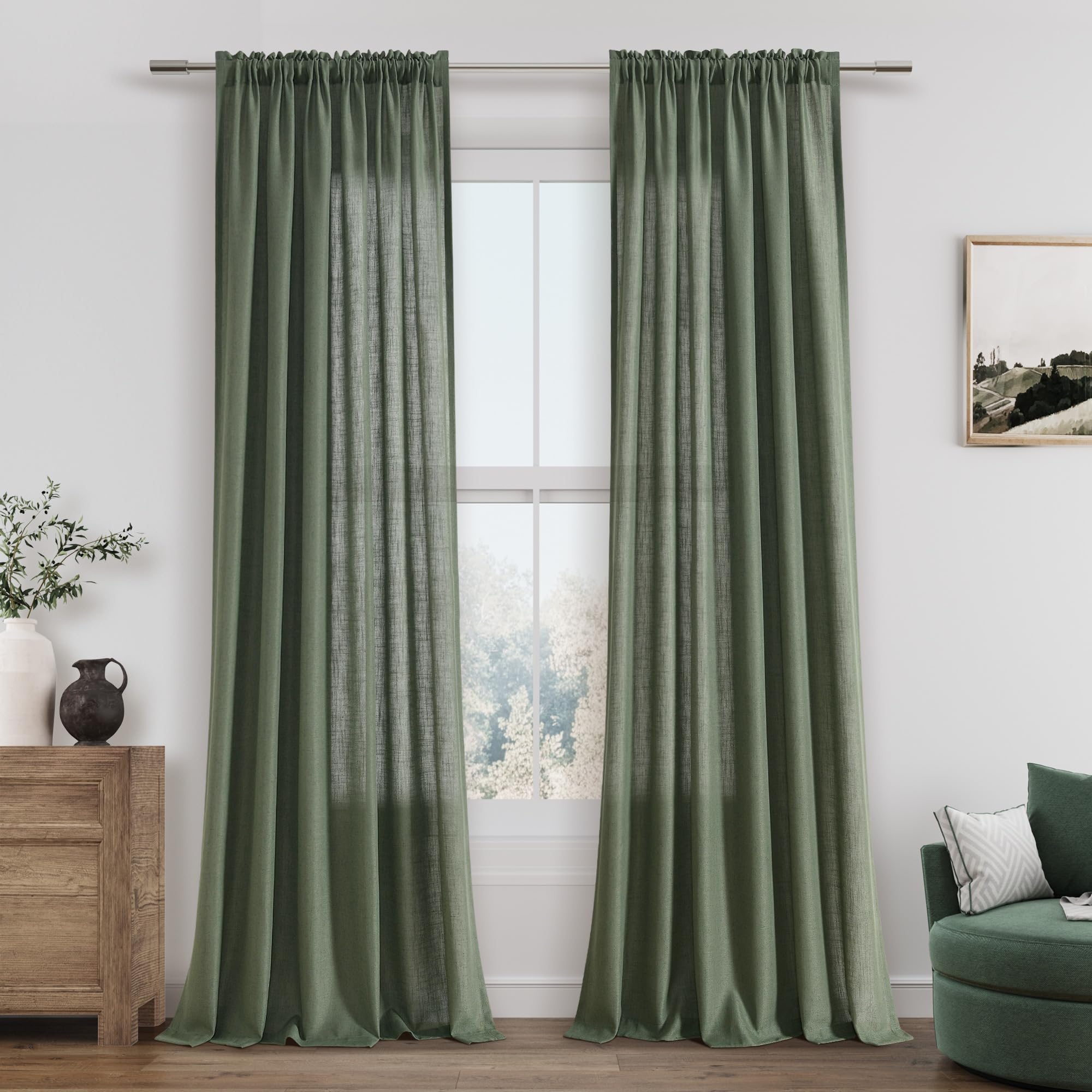 Photo 1 of Guken Olive Green Linen Curtains 102 Inch Length for Living Room Bedroom 2 Panels Set Rod Pocket Light Filtering Semi Sheer Window Curtains 52 Inch Width Boho Farmhouse Linen Drapes, W52xL102