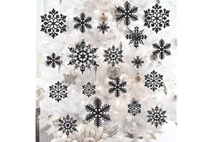 Yogayet 36 PCS Christmas Snow Flakes Ornaments Black Plastic Glitter Snow Flakes for Christmas Tree Decorations Size Varies Xmas Hanging Snow Flakes from Ceiling Winter Wonderland Party Class Decor
