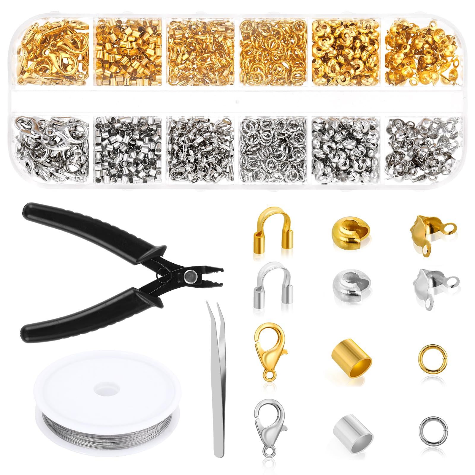 DIVINA VITAE Crimp Bead Kit for Jewelry Making - 1200 Pcs Crimp Beads, Crimp Caps, Crimp Tubes and Wire Guards, Lobster Clasps, Jump Rings, Crimp Pliers and Crimp Wire for Jewelry Making(Silver，Gold)