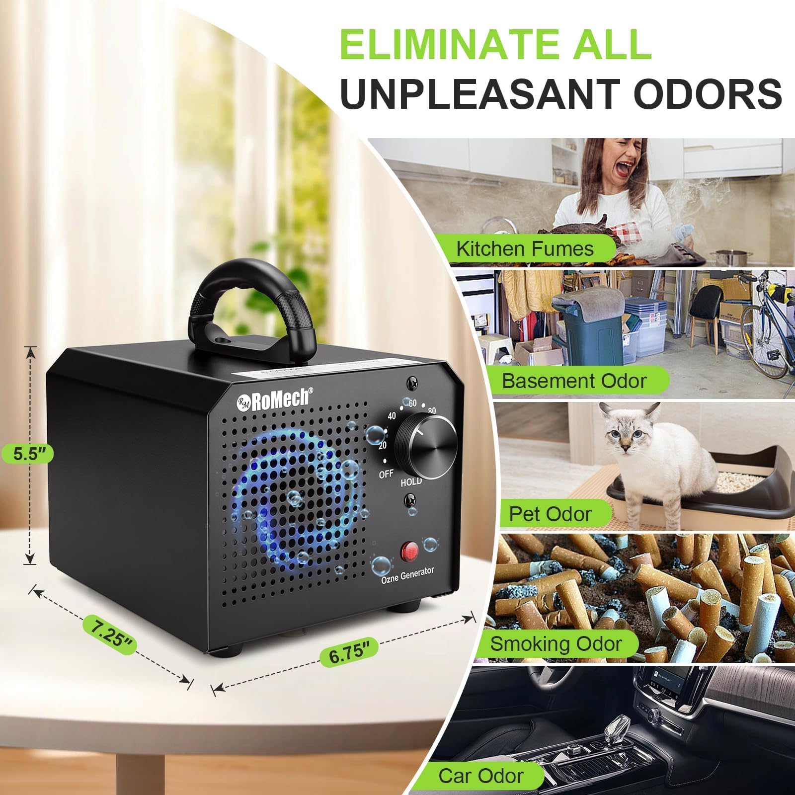 ROMECH Ozone Generator 65,000mg/h, High Capacity Ionizer Air Purifier Ozone Odor Eliminator for 6000sq.ft. Home, Car, Basement, Kitchen (Black)