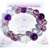 Natural Amethyst& Azeztulite Clear Crystal Beads Bracelet, 12mm Healing Crystals Jewelry Handmade Stretch Adjustable Bangle, Gift for Him Her