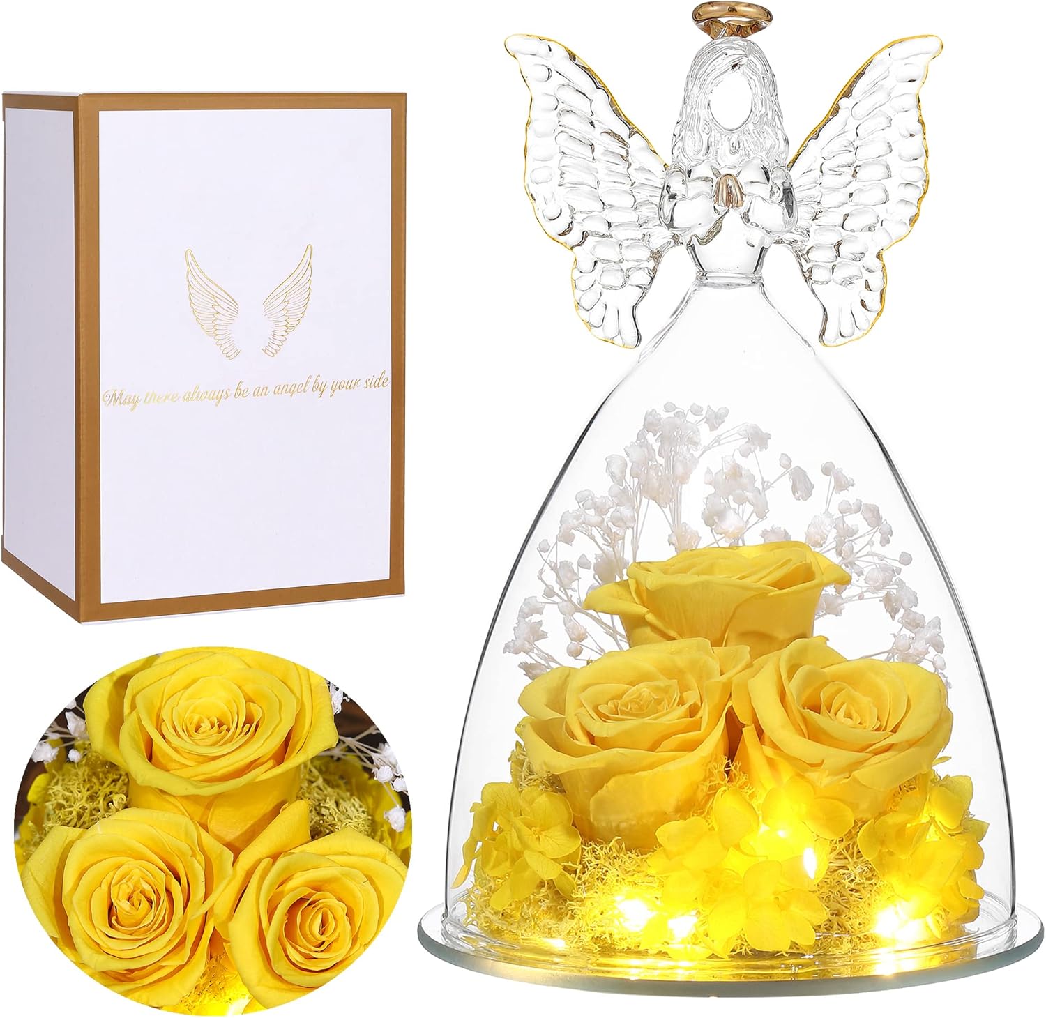 Dried & Preserved Flora - Tiaronics Mothers Day Mom Gifts for Her, Glass Angel Figurine with Three Roses Gifts,Preserved Forever Real Rose Gifts for Women, Angel Guardian with Roses Flower Gift, Yellow