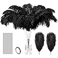 Hanaive 150 Pcs Ostrich Feathers Set Bulk Plumes 12-14 Inch (30-35cm) 70 Pcs Large Ostrich Feathers with 80 Sticks and Tape for DIY Crafts Wedding Home Party Centerpiece Decorations(Black)