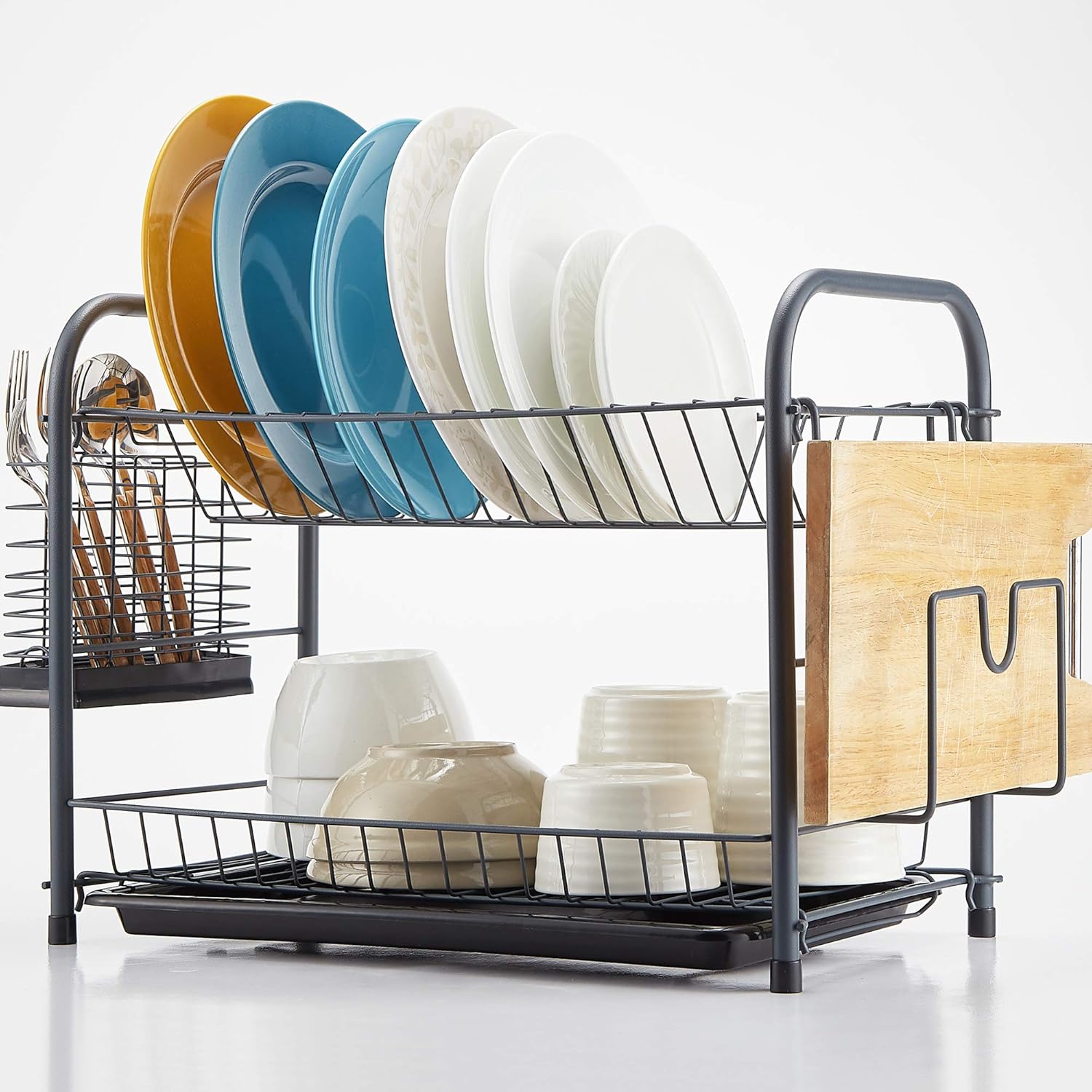 NATUROUS Dish Rack, 2 Tier Dish Drying Rack Kitchen Organizer with Drain Board, Utensil Holder, Cutting Board Holder, Gray -