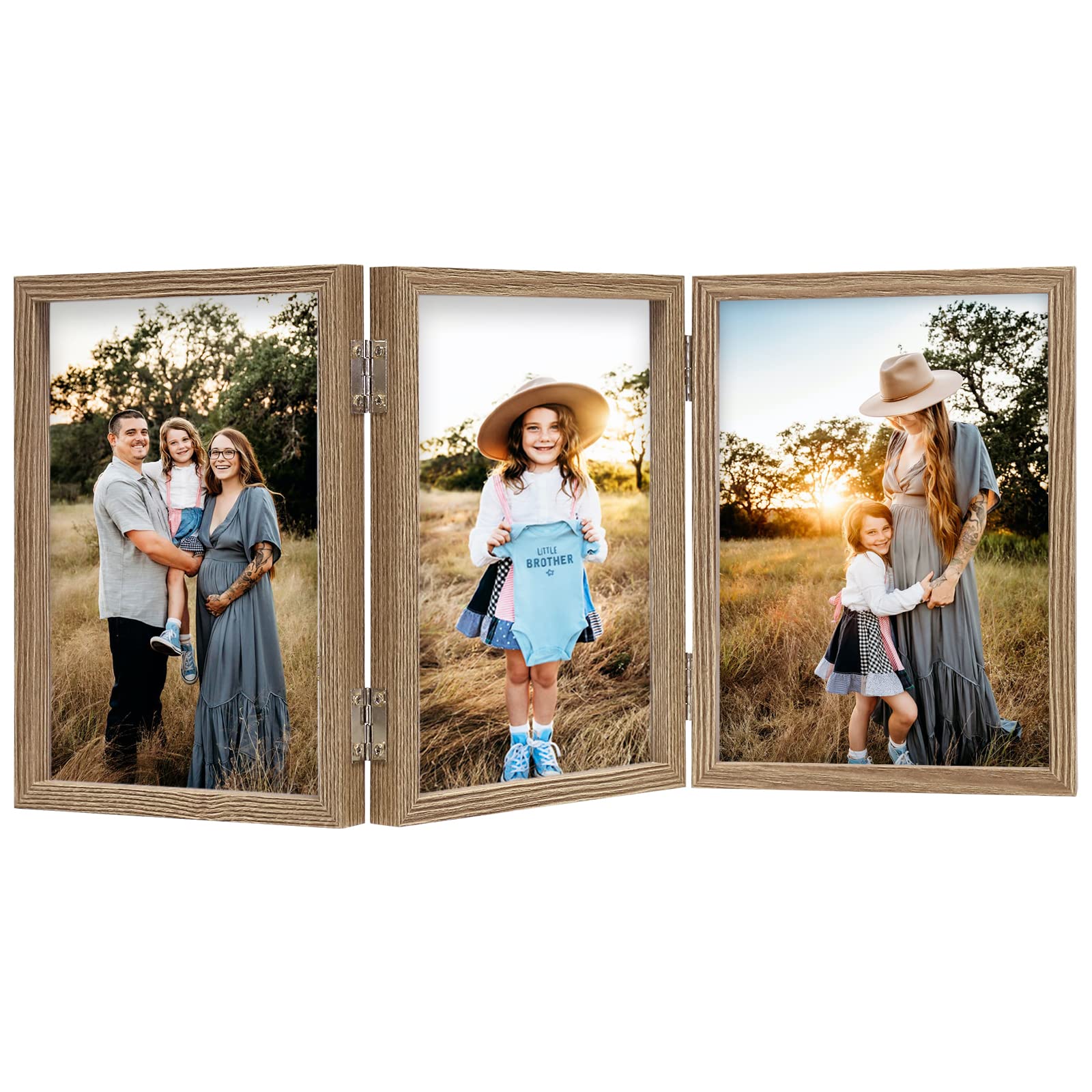 Triple 4x6 Photo Frame Hinged Folding Wood Picture Frame with Glass Front Stand Vertical on Desktop Wood — image 1