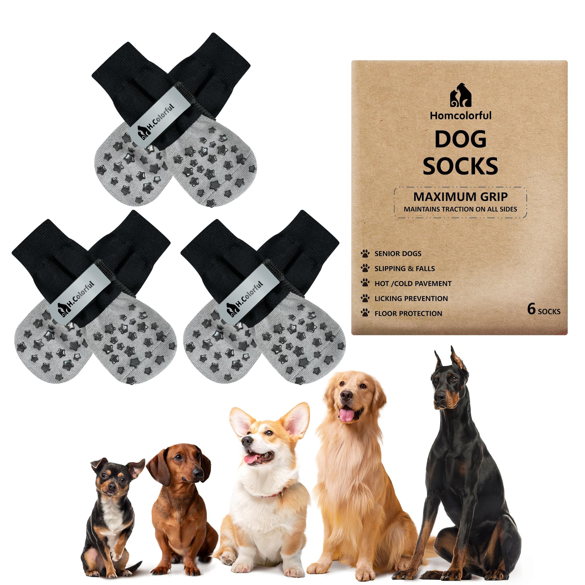 Photo 1 of Homcolorful Anti-Slip Dog Socks for Hardwood Floors, Non-Slip Socks with Reflective Strips to Provide Paw Protection, Reflective Grip Socks for Senior Dogs, Prevent Licking & Scratches, 6 PCS Set - M