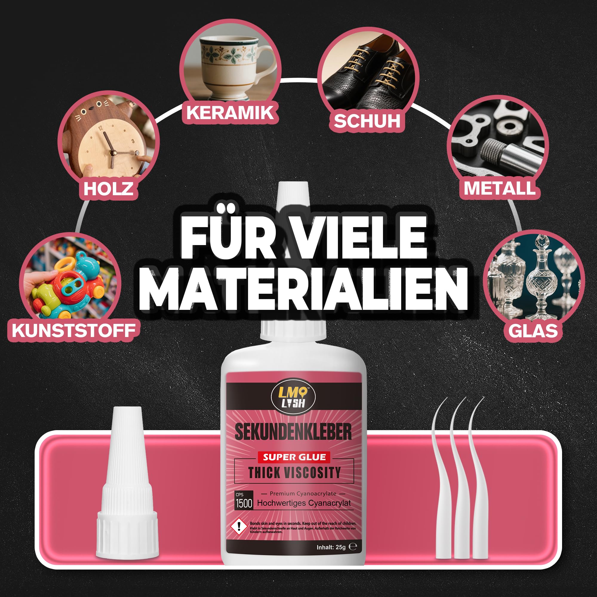 Sekundenkleber extra stark, 25g, Cyanacrylat(CA) Kleber, Superkleber extra stark für alles, Inkl.Anti-Verstopfungskappe und dünnen Aufsetzkanülen, Sekundenkleber flüssig - Dickflüssig 1500 CPS 2