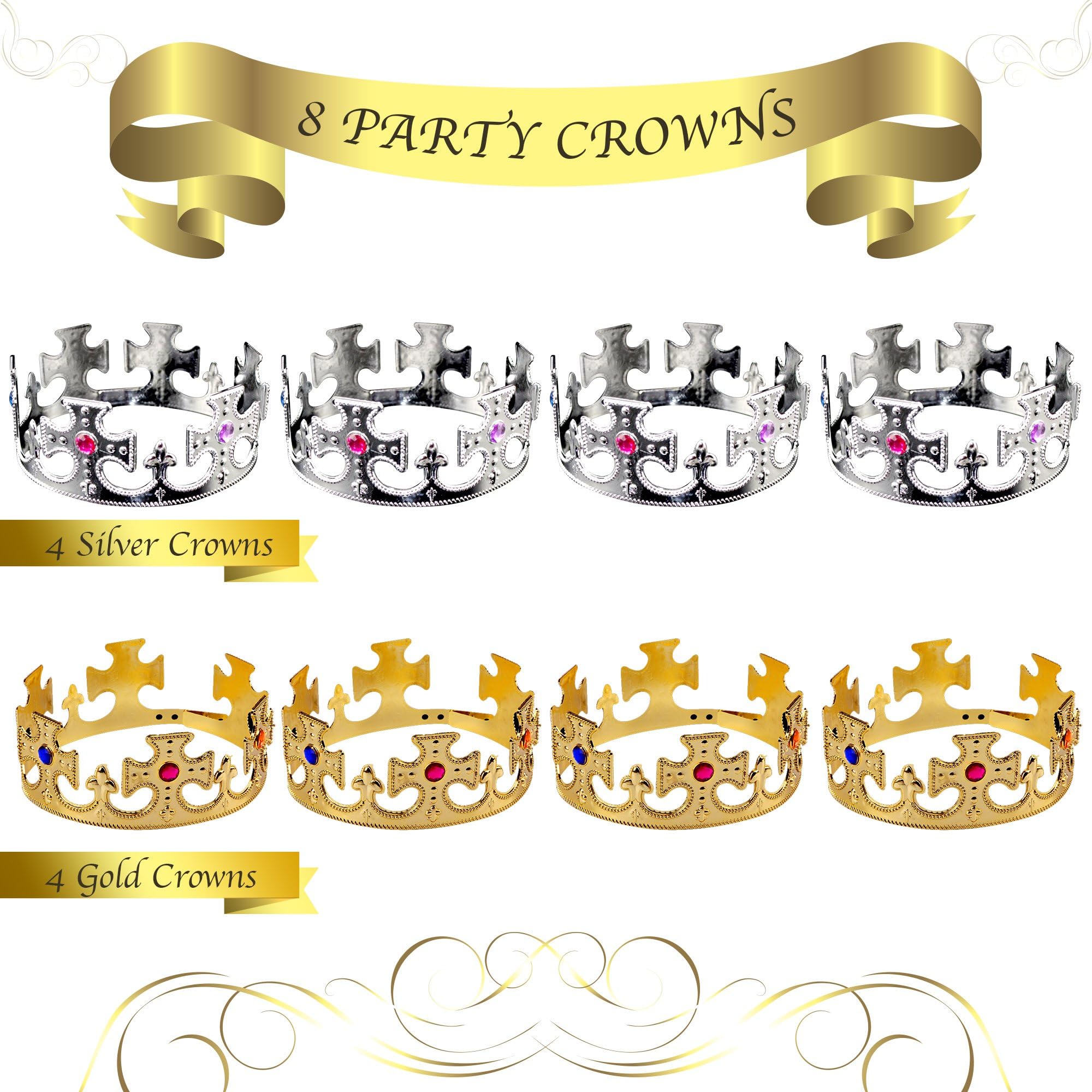 Pack Of 8 Party Crowns Gold And Silver, Royal Crown For Kids And Adults, Birthday Party Crowns, Party Hats, Costumes, Party Props, Special Launch Price