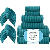 COZYART Lint Free Towel Sets 8 Pcs Teal, Super Soft, Thick, Absorbent & Quick Dry Microfiber 3D Bubble Bathroom Daily Use Set with 2 Bath Towels, 2 Hair Towels, 2 Hand Towels, 2 Washcloths