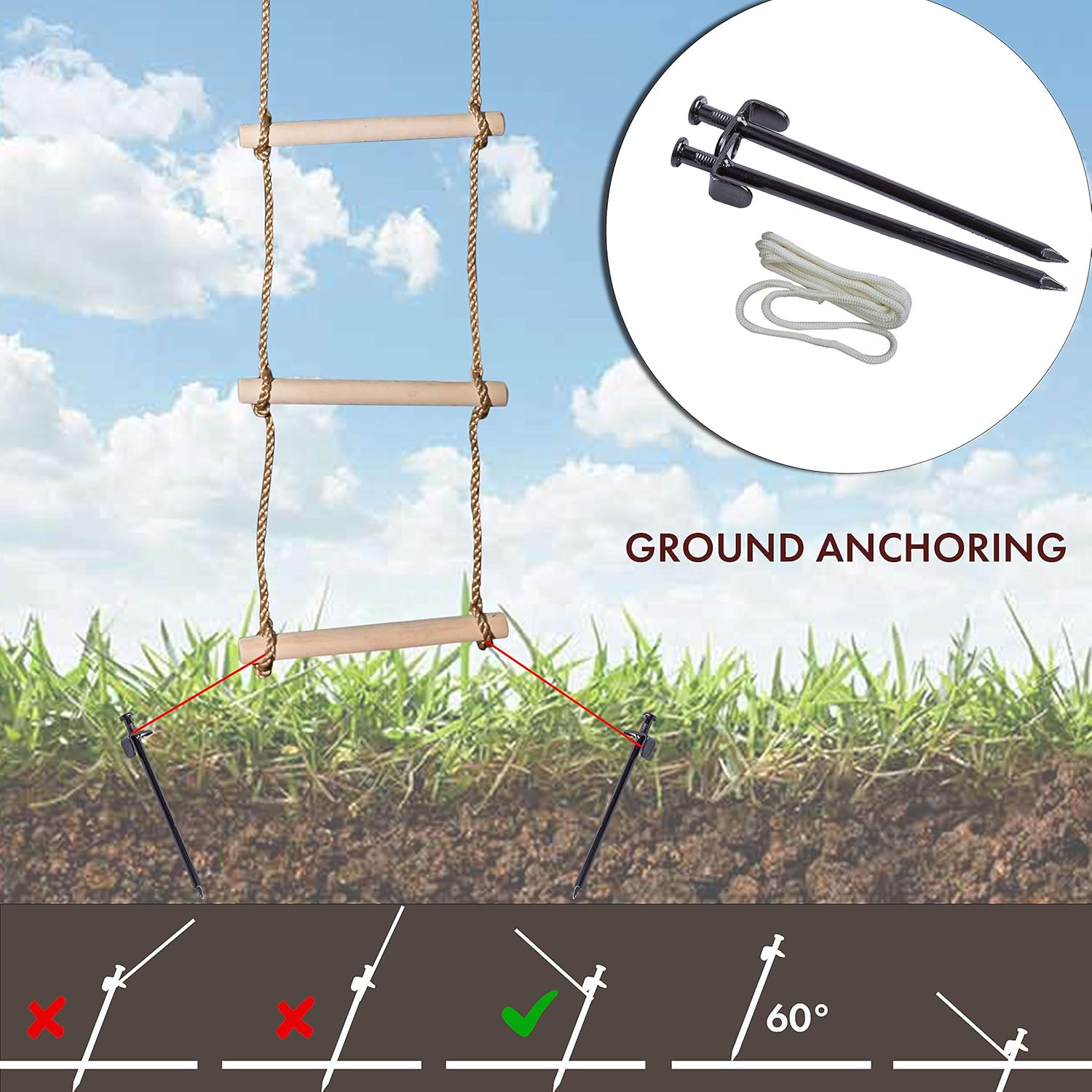 Wooden Rope Ladder for Kids with Ground anchoring, Outdoor or Indoor Climbing Rope Ladder for Ninja Slackline Backyard - Image 4