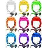 9 Pcs Short Bob Hair Wigs, Wigs and Sunglasses Sets, Neon Bob Wig Sunglasses Pack Colorful Party Cosplay Wig Daily Party Hair