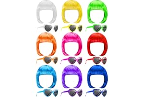 9 Pcs Short Bob Hair Wigs, Wigs and Sunglasses Sets, Neon Bob Wig Sunglasses Pack Colorful Party Cosplay Wig Daily Party Hair