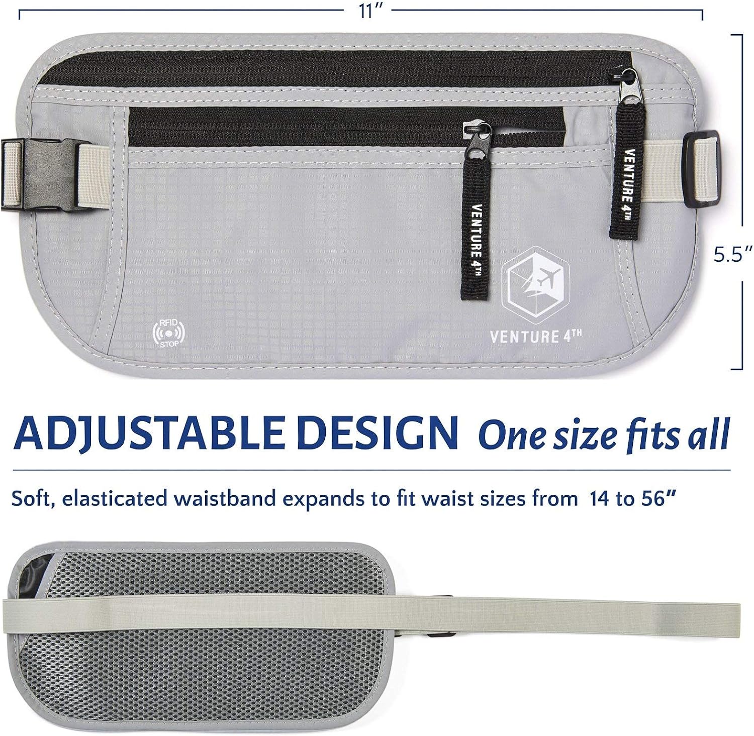  | VENTURE 4TH Travel Money Belt RFID Blocking Hidden Waist Stash (Silver) | Travel Wallets