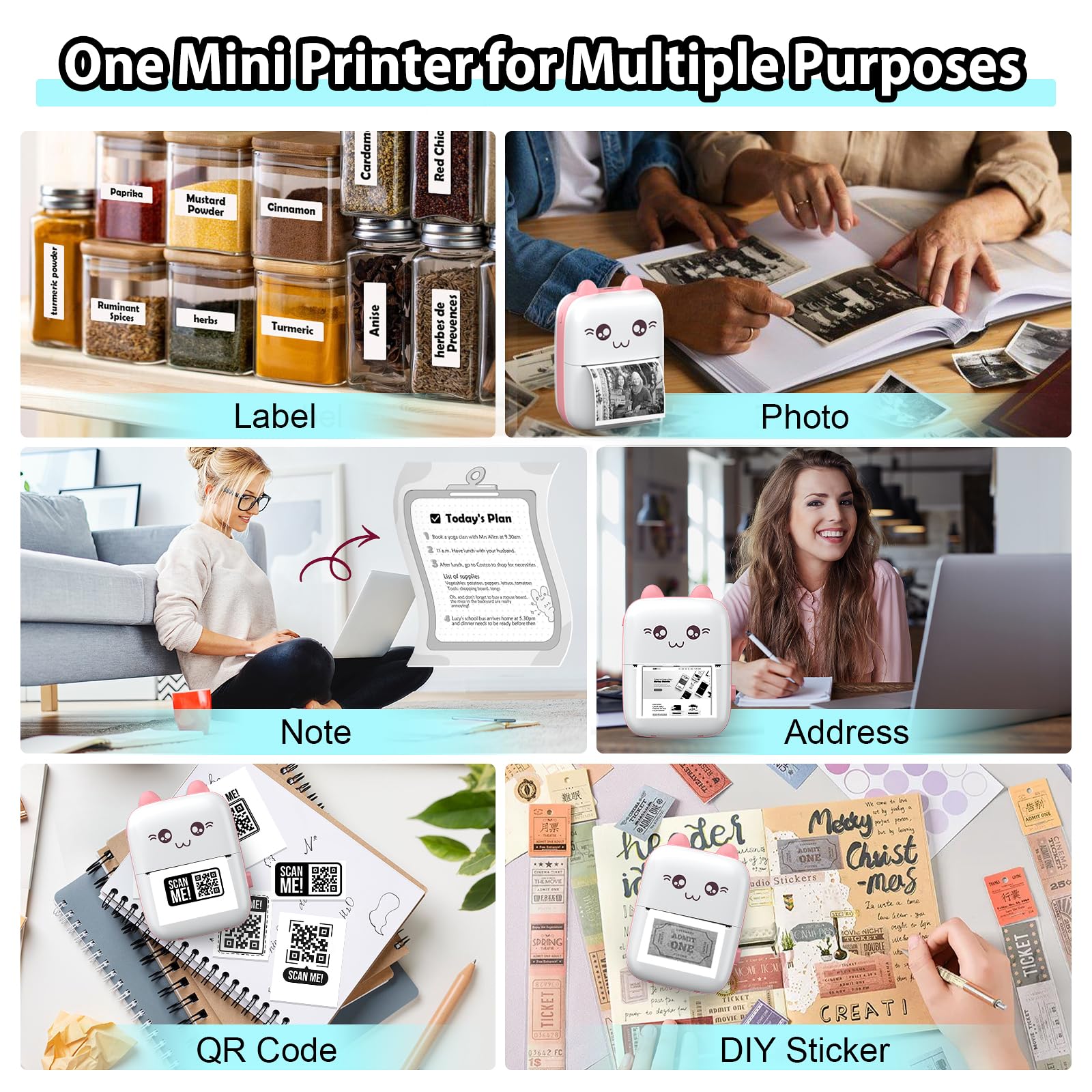 HuiJuKeJi Mini Sticker Printer Cat Bluetooth Smart Pocket Inkless Thermal Printer with 7 Rolls Thermal Paper and Sticker for iOS&Android, Portable Receipt Printer for Photo Journal Notes Memo - Pink