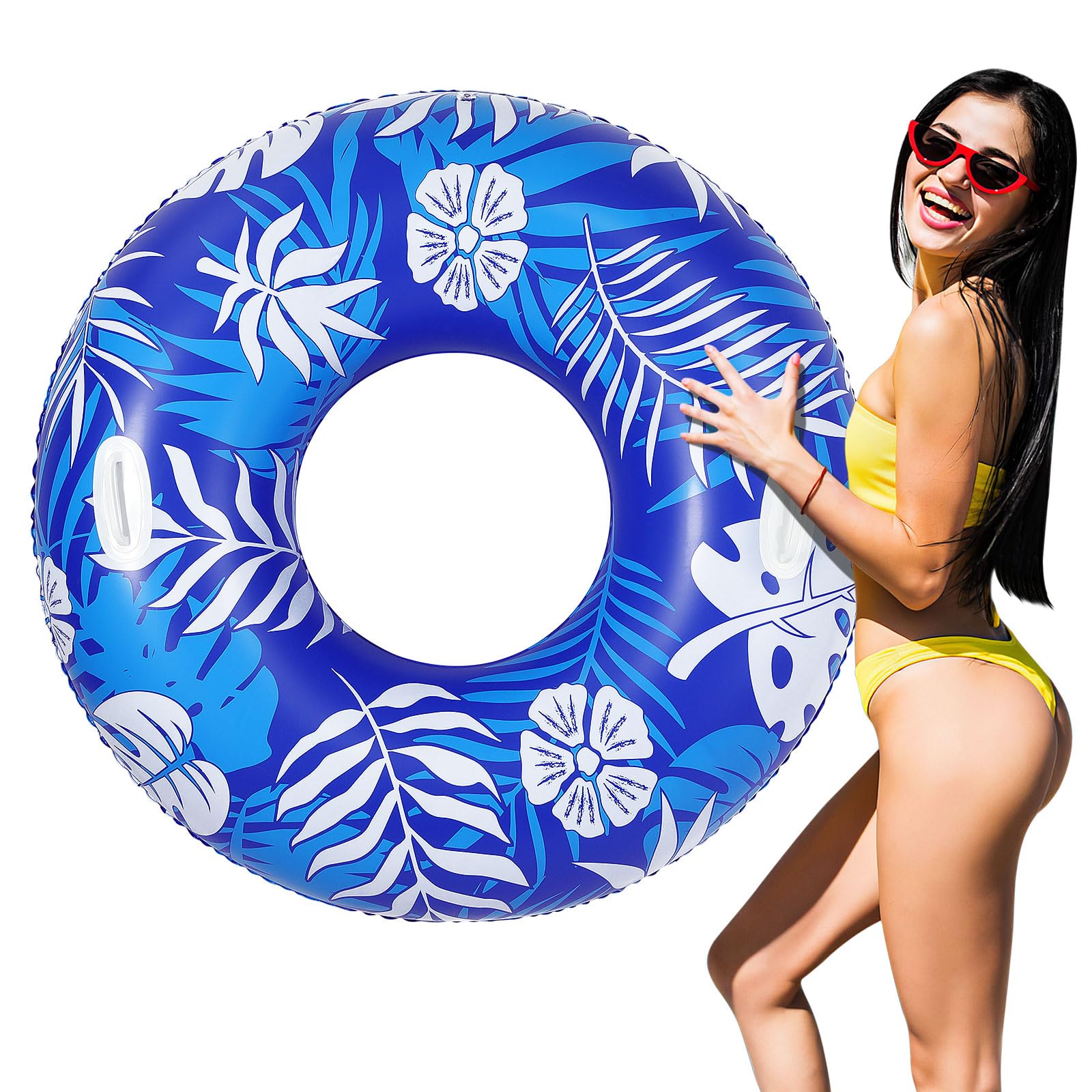 MoKo Pool Float with Handles for Adults, Inflatable Swimming Pool Float Large Fun Print Pool Raft Water Toys Floaties for Adults Swim Ring for Summer Beach Pool, Blue