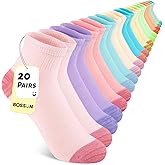 BOSSUN 20 Pairs Girls Ankle Socks, 6-8/8-10/10-12 Years Old, Color&White Socks for Kids, Comfortable Little Girls Sock