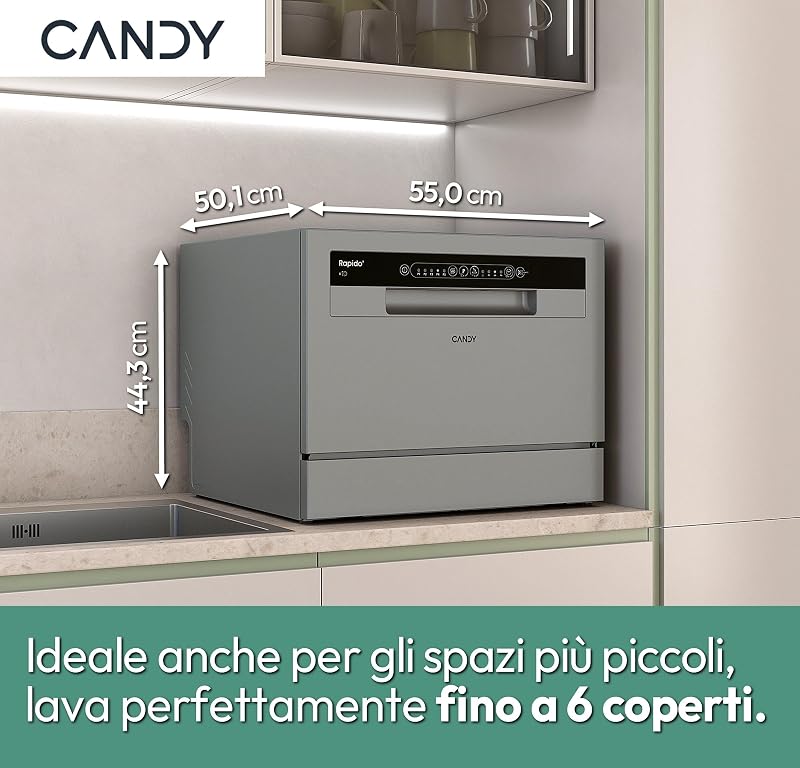 Rapidò Lavastoviglie Compatta da Tavolo 6 Coperti, Classe E, Silver